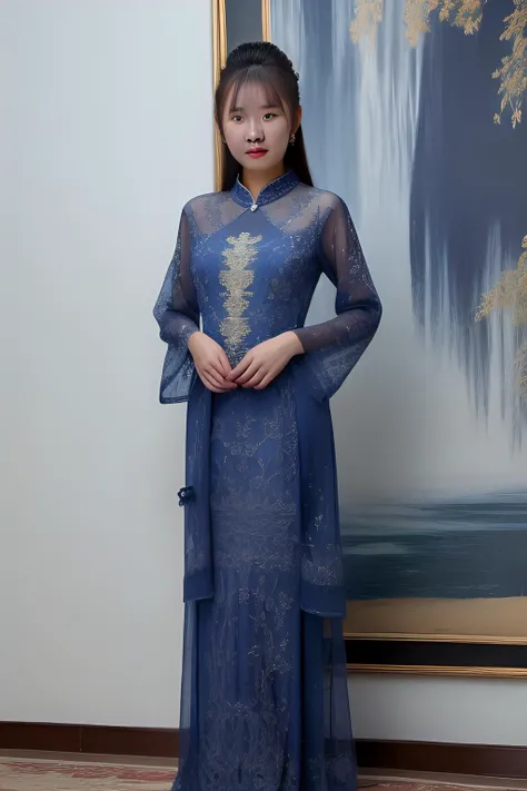 full body, masterpiece, ultra realist, really intricate details blue dress wear by Han Chinese woman, really intricate background