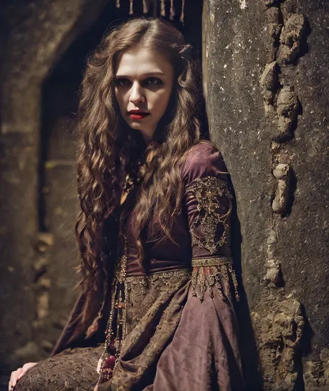 artistic photograph of a vampire princess inside a dungeon,medium shot, extremely detailed, centered, high resolution, hyperdetailed, insanely detailed, soft lighting, film grain