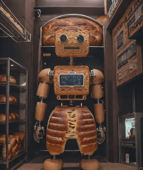 artistic photograph of a bread robot making a statement, full body shot, looking at the viewer, extremely detailed, centered, intricate bakery in the background, high resolution, hyperdetailed, insanely detailed, soft lighting, film grain