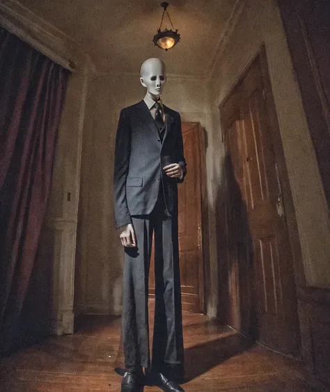 artistic photograph of a slenderman inside a haunted mansion, full body shot, extremely detailed, centered, high resolution, hyperdetailed, insanely detailed, soft lighting, film grain