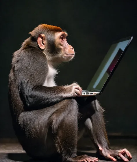 artistic photograph of monkey using a laptop, full body shot, extremely detailed, centered, high resolution, hyperdetailed, insanely detailed, soft lighting, film grain