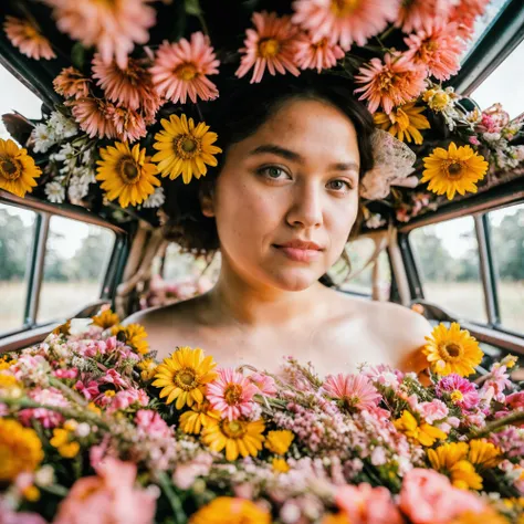 Vintage, RAW, HD, closeup portrait photo of a woman in the back of retro car surrounded by flowers with no makeup, (((body and car interior fully covered in flowers))), depth of field, volumetric lighting, bokeh, Fujifilm XT3