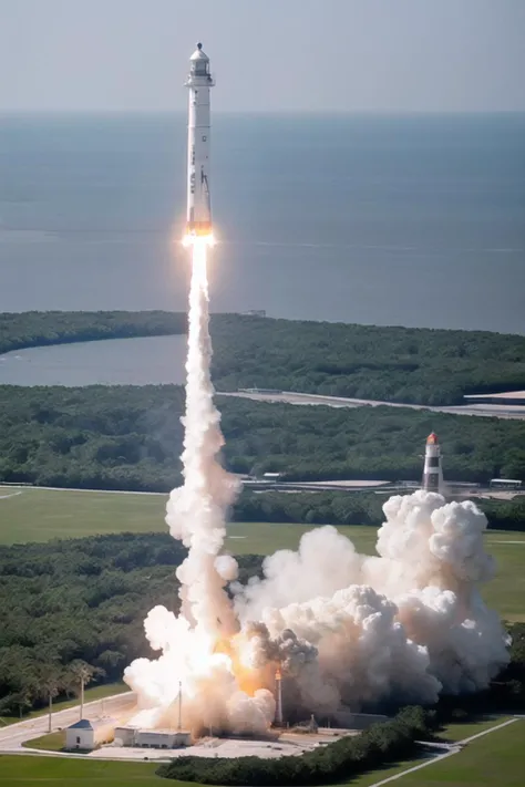 (lighthouse:1.2) as a nasa rocket, (taking off:1.2) from the (kennedy space center:1.2), florida, (rocket exhaust:1.2) flames, smoke