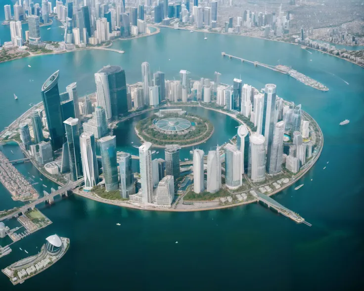 aerial view of futuristic megacity, award winning architecture, round island with skyscrapers, color dslr photo, (film grain:1.4), professional photography, (extremely clear 8k photography:1.4)