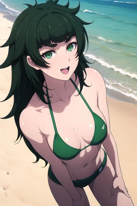 absurdres, highres, ultra detailed, <lora:MahoooV1-000009:1>, 1girl, maho, solo, black hair, blunt bangs, green eyes, very long hair, messy hair, small breasts, bikini, looking at viewer, :d, beach