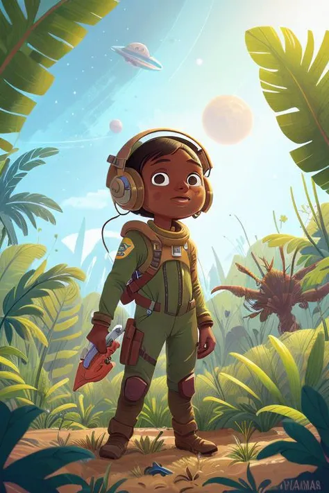 a Bahamian girl in a wasteland, explorer suit, alien planet, space, starfield, ???, Palm Oil Plantation <lora:COOLKIDS_MERGE_V2.5:1>