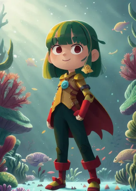 a furious cute beautiful serious lebanese (tall:1.2) girl, (lying:1.2), green hair,  Bob Cut hair,  wearing red gold plated armor and black legwear, background is (underwater:1.2) at Late dawn, foot focus, pixar style, (3d:1.0), shallow depth of field, 85mm lens, 135mm lens, f1.8 , cartoon, detailed face, asymmetric, detailed, thick lines, colorful, vivid  <lora:COOLKIDS_MERGE_V2.5:1>