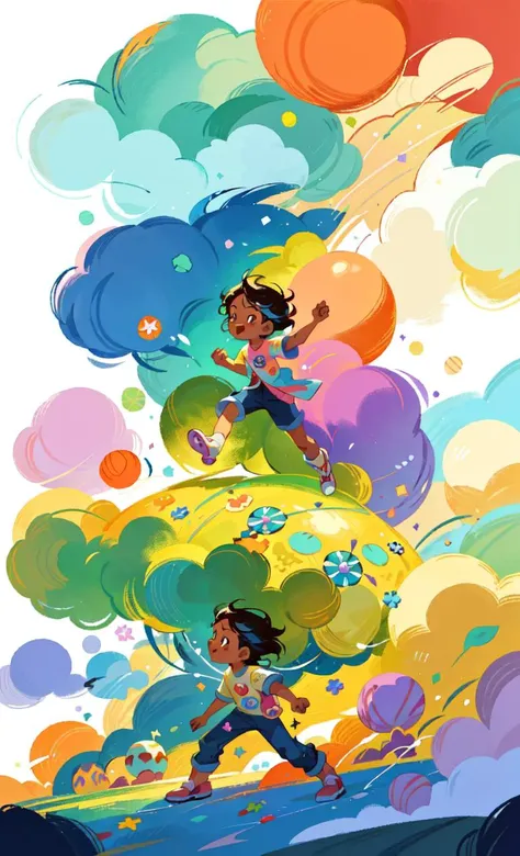 happy children's day, boy's and girl's playing ball in the candy-like clouds, (epic sci-fi fantasy:1.2), 
 (colorful illustrations:1.4), magazine illustrations,  (dynamic pose), detailed, intricate, beautiful, gorgeous stunning, cinematic, epic , <lora:playfulwhimsy-v2:0.5> <lora:COOLKIDS_MERGE_V2.5:1>