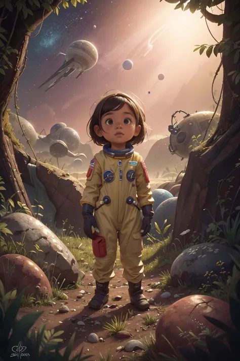 a Chilean girl in a wasteland, explorer suit, alien planet, space, starfield, kid, Rocky Shore, <lora:COOLKIDS_MERGE_V2.5:1>