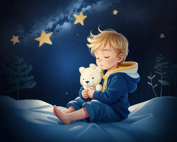 simple art of a sleeping toddler boy with short wavy blonde hair wearing a hoodie, holding a stuffed animal. dreamlike, stars, swirls, galaxy, minimalistic, ???, <lora:COOLKIDS_MERGE_V2.5:0.8>
