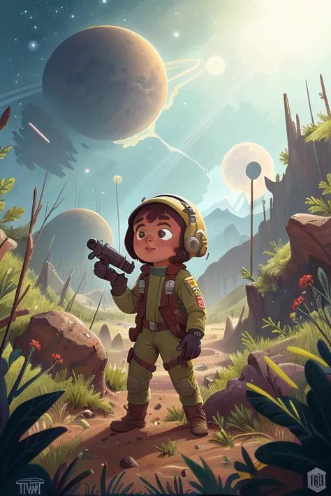 a Chilean girl in a wasteland, explorer suit, alien planet, space, starfield, kid, Rocky Shore <lora:COOLKIDS_MERGE_V2.5:1>