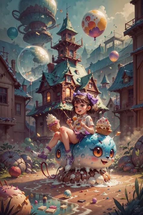 A girl sitting on a giant ice cream, which is adorned with vibrant colors, delightful frosting, and rainbow sprinkles. She holds an oversized waffle cone,shimmering candies. Floating around her are some small balloons, each tied to a petite candy. The scene is filled with sweetness and joy, showcasing the girl's happiness and the enchanting fusion of her imagination and a fantastical world,fantasy, high contrast, ink strokes, explosions, over exposure, purple and red tone impression , abstract, ((watercolor painting by John Berkey and Jeremy Mann )) brush strokes, negative space, <lora:COOLKIDS_MERGE_V2.5:0.8>, intricate detail,