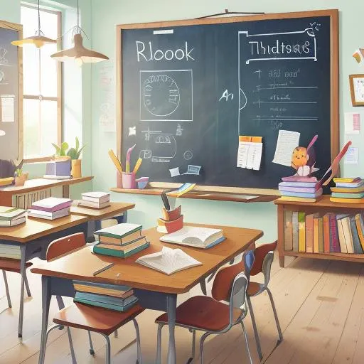 there are many desks and chairs in this classroom with a chalkboard