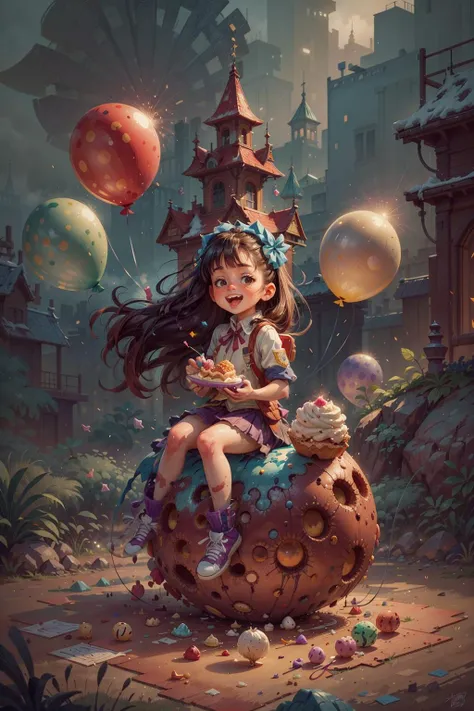 A girl sitting on a giant ice cream, which is adorned with vibrant colors, delightful frosting, and rainbow sprinkles. She holds an oversized waffle cone,shimmering candies. Floating around her are some small balloons, each tied to a petite candy. The scene is filled with sweetness and joy, showcasing the girl's happiness and the enchanting fusion of her imagination and a fantastical world,fantasy, high contrast, ink strokes, explosions, over exposure, purple and red tone impression , abstract, ((watercolor painting by John Berkey and Jeremy Mann )) brush strokes, negative space, <lora:COOLKIDS_MERGE_V2.5:0.8>, intricate detail,