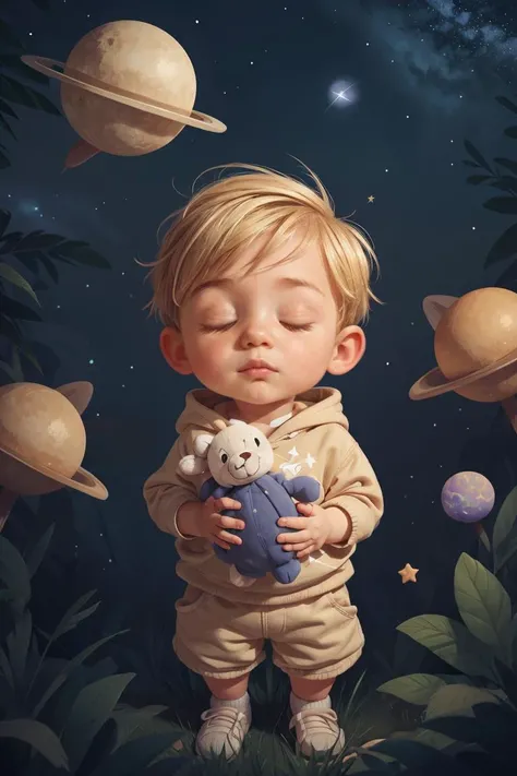simple art of a sleeping boy with short wavy blonde hair wearing a hoodie, holding a stuffed animal. dreamlike, stars, swirls, galaxy, minimalistic, kid, <lora:COOLKIDS_MERGE_V2.5:0.8>