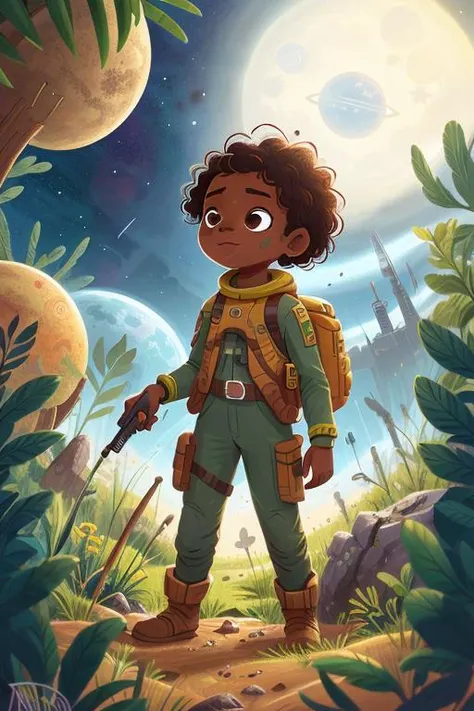 a Angolan girl in a wasteland, explorer suit, alien planet, space, starfield, kid, Alpine Meadow <lora:COOLKIDS_MERGE_V2.5:1>