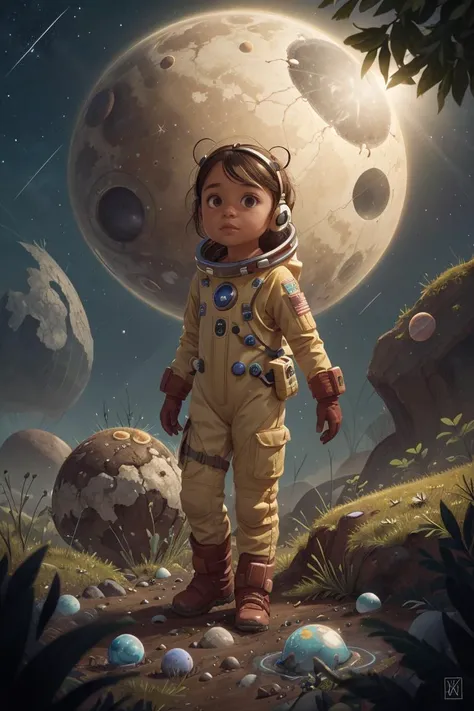 a Chilean girl in a wasteland, explorer suit, alien planet, space, starfield, kid, Rocky Shore, <lora:COOLKIDS_MERGE_V2.5:1>