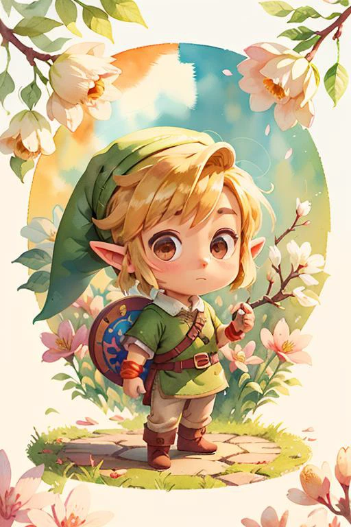 ((masterpiece)) ((cute)), link, chibi, the legend of zelda, tunic, hat, 1 boy, blonde hair, solo, flowers around, cherry blossoms, IrisCompiet style, ((watercolor)) painting, (((sticker))), (((circle background))), <lora:IrisCompietStyle:1> <lora:COOLKIDS_MERGE_V2.5:0.75> <lora:link_v1:0.8>