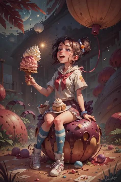 A 20 y.o woman sitting on a giant ice cream, which is adorned with vibrant colors, delightful frosting, and rainbow sprinkles. She holds an oversized waffle cone, shimmering candies. Floating around her are some small balloons, each tied to a petite candy. The scene is filled with sweetness and joy, showcasing the girl's happiness and the enchanting fusion of her imagination and a fantastical world, fantasy, high contrast, ink strokes, explosions, over exposure, purple and red tone impression , abstract, ((watercolor painting by John Berkey and Jeremy Mann )) brush strokes, negative space, <lora:COOLKIDS_MERGE_V2.5:0.8>, intricate detail,