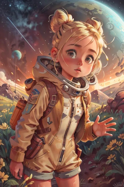 a girl in a wasteland, blonde messy bun, explorer suit, alien planet, space, starfield, ???, Alpine Meadow