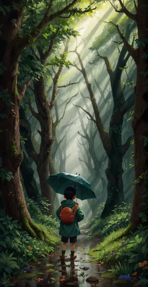 forest, rain, 1boy, raincoat, <lora:COOLKIDS_MERGE_V2.5:1>