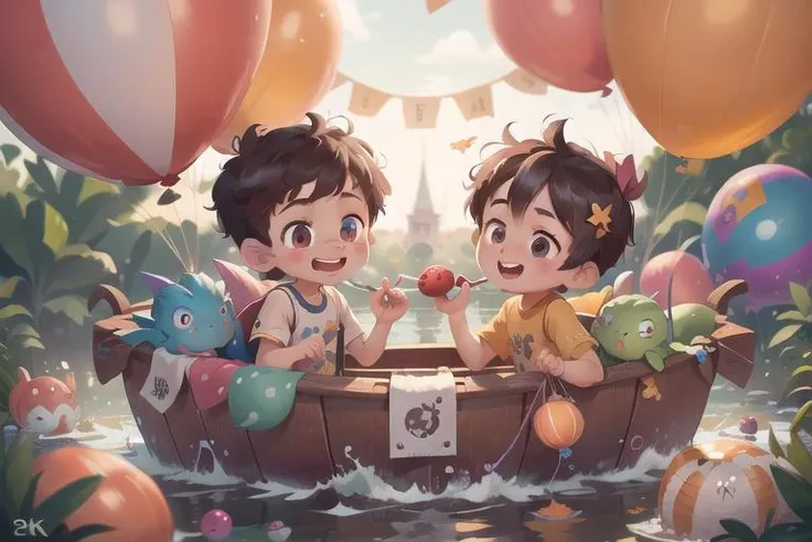 UHD,(High definition resolution:1.2),Skin luster,(Best quality:1.1),(masterpiece),(best quality),smile,(beautiful detailed face),(beautiful detailed eyes),8K,Around the flying colorful balloons,<lora:COOLKIDS_MERGE_V2.5:0.8>,((Two boys are playing)),(Peripheral small animals:1.1),outside,lovable,dragon boat,rainbow,