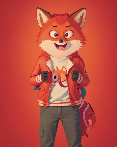 a hysteric fox in red jacket pixar style <lora:COOLKIDS_MERGE_V2.5:1>