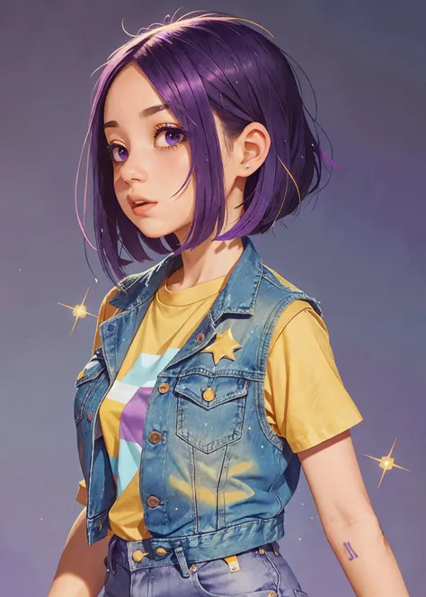 1 girl, square hairstyle, straight hair, blue and purple hair, gradient on the hair, short hair, yellow t-shirt, denim vest, purple shiny background, glitter, muted colors,<lora:COOLKIDS_MERGE_V2.5:1>