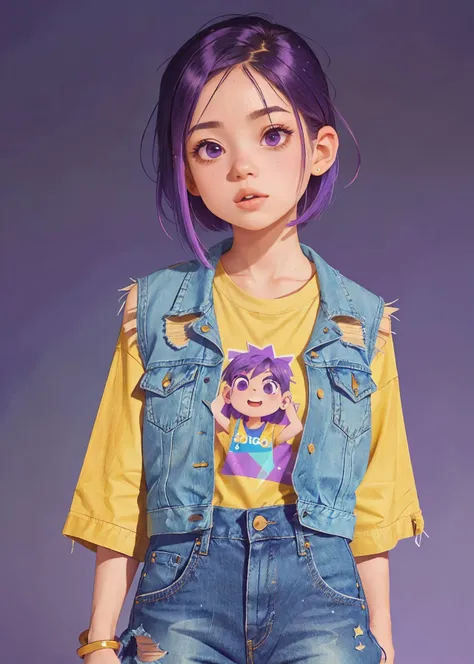 1 girl, square hairstyle, straight hair, blue and purple hair, gradient on the hair, short hair, yellow t-shirt, denim vest, purple shiny background, glitter, muted colors,<lora:COOLKIDS_MERGE_V2.5:1>