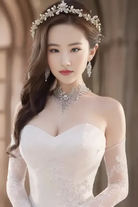 ((best quality ,masterpiece, illustration, an extremely delicate and beautiful, extremely detailed ,CG ,unity ,8k wallpaper, Amazing, finely detail, masterpiece,best quality,official art,extremely detailed CG unity 8k wallpaper)),Long shot,1girl,solo, ,bare shoulders, ulzzang-6500-v1.1,wedding dress, <lora:koreanDollLikeness_v15_0.3_OTHER_THAN_FACE+liuyifei_10_1.2_CHARACTER:1>