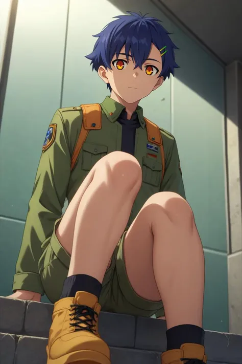 score_9, score_8_up, score_7_up, source_anime, rating_safe, , semi-realistic, looking at viewer, , 1boy, solo, male focus, <lora:yomogi_asanaka_pony:0.82>, yomogi_asanaka, blue hair, orange eyes, short hair, bangs, hair between eyes, hairclip, hair ornament, from below, stone road, dark, knees up, :o, ranger costume, <lora:sdxl_lightning_8step_lora:1>