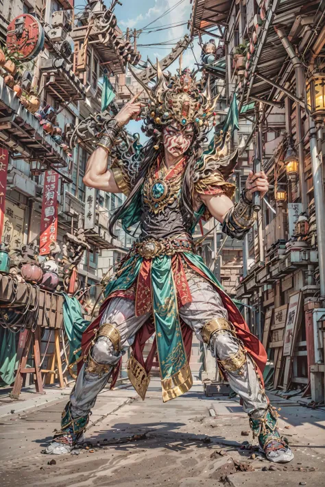 (Highest picture quality), (ultra-detailed), (sharp focus), (close-up), (depth of field:1.3), RAW, realistic, (colorful, vivid colors:1.1), (masterpiece), (best quality), photorealistic, absurdres, (highres), BREAK, ((1boy)), (a chinese man), solo, looking at viewer, 18 years old, (detailed skin, detailed face, detailed intricate iris, nice hands, perfect hands:1.3), (intricate details), (maximum details), (delicate), (hand of Guido Daniele:1.4), BREAK, (beautiful detailed glow:1.2), (cinematic lighting), (rim lighting:1.4), (two tone lighting:1.3), (reflection, refraction:1.2), (Rembrandt lighting:1.4), (Rule of thirds:1.3), (light play, shadow play:1.3), (glamour photography, cinematic, film grai, anime aesthetic), (diffused lighting, bokeh, lens flare, light particles:1.3), (dynamic lighting), ray tracing, volumetric lighting, (dramatic lighting), (explosive light and shadow:1.4), (Dynamic Pose, Dynamic Angle:1.2), (moody lighting), BREAK, guanhelmet, GuanJianShou, pauldrons, male focus, bracelet, gem, helmet, jewelry, armor, plus general, bule face general, red face general,  holding huoqian and handcuffs, huoqian and handcuffs, minus general, green face general, trident, (holding trident:1.4), temple, chinese style architecture, (combat pose, angry face, fighting pose, aggressive stance, fangs, roaring, sharp eyes, open mouth:1.3), (soft light passing through hair, light patterns on skin:1.2), (huge muscles, very muscular, thick upper arms:1.1), (stars, milky way, night, starry:1.4), (reflective, shiny:1.2), (building), (ornate Taiwanese temple paifang, taiwanese_temple), (jiufen taiwan:1.3), scenery, (from below:1.3), outdoors, full body, BREAK, (Makeup:1.3), (human anatomy, golden ratio:1.1), BREAK, <lora:GoodHands-beta2:1>, <lora:neg4all_bdsqlsz_V3.5:1>, <lora:epiNoiseoffset_v2-pynoise:2>, <lora:add_detail:0.4>, <lora:more_details:0.4>, <lora:taiwanese_temple_first-ver:0.5>,  <lora:Jiufen:0.5>,  <lora:myGuanJianShoutest4:0.6>
