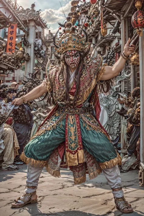 (Highest picture quality), (ultra-detailed), (sharp focus), (close-up), (depth of field:1.3), RAW, realistic, (colorful, vivid colors:1.1), (masterpiece), (best quality), photorealistic, absurdres, (highres), BREAK, ((1boy)), (a chinese man), solo, looking at viewer, 18 years old, (detailed skin, detailed face, detailed intricate iris, nice hands, perfect hands:1.3), (intricate details), (maximum details), (delicate), (hand of Guido Daniele:1.4), BREAK, (beautiful detailed glow:1.2), (cinematic lighting), (rim lighting:1.4), (two tone lighting:1.3), (reflection, refraction:1.2), (Rembrandt lighting:1.4), (Rule of thirds:1.3), (light play, shadow play:1.3), (glamour photography, cinematic, film grai, anime aesthetic), (diffused lighting, bokeh, lens flare, light particles:1.3), (dynamic lighting), ray tracing, volumetric lighting, (dramatic lighting), (explosive light and shadow:1.4), (Dynamic Pose, Dynamic Angle:1.2), (moody lighting), BREAK, guanhelmet, GuanJianShou, pauldrons, male focus, bracelet, gem, helmet, jewelry, armor, plus general, bule face general, red face general,  holding huoqian and handcuffs, huoqian and handcuffs, minus general, green face general, trident, (holding trident:1.4), temple, chinese style architecture, (combat pose, angry face, fighting pose, aggressive stance, fangs, roaring, sharp eyes, open mouth:1.3), (soft light passing through hair, light patterns on skin:1.2), (huge muscles, very muscular, thick upper arms:1.1), (stars, milky way, night, starry:1.4), (reflective, shiny:1.2), (building), (ornate Taiwanese temple paifang, taiwanese_temple), (jiufen taiwan:1.3), scenery, (from below:1.3), outdoors, full body, BREAK, (Makeup:1.3), (human anatomy, golden ratio:1.1), BREAK, <lora:GoodHands-beta2:1>, <lora:neg4all_bdsqlsz_V3.5:1>, <lora:epiNoiseoffset_v2-pynoise:2>, <lora:add_detail:0.4>, <lora:more_details:0.4>, <lora:taiwanese_temple_first-ver:0.5>,  <lora:Jiufen:0.5>,  <lora:myGuanJianShoutest4:0.6>