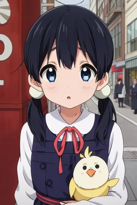 (masterpiece, best quality),<lora:GoodHands-vanilla:0.7> <lora:anmnr01:0.3> <lora:add_detail:0.5>, <lora:tamako:0.7>,tamako market anime lineart, 1girl, tamako kitashirakawa, blue eyes, black hair, hair between eyes, twin tails, bands, blue school uniform, dark blue pinafore dress with four black buttons, white shirt, thin red bow, wide straps on shoulders, belt on waist,walking,shopping street,hugging large fat chicken