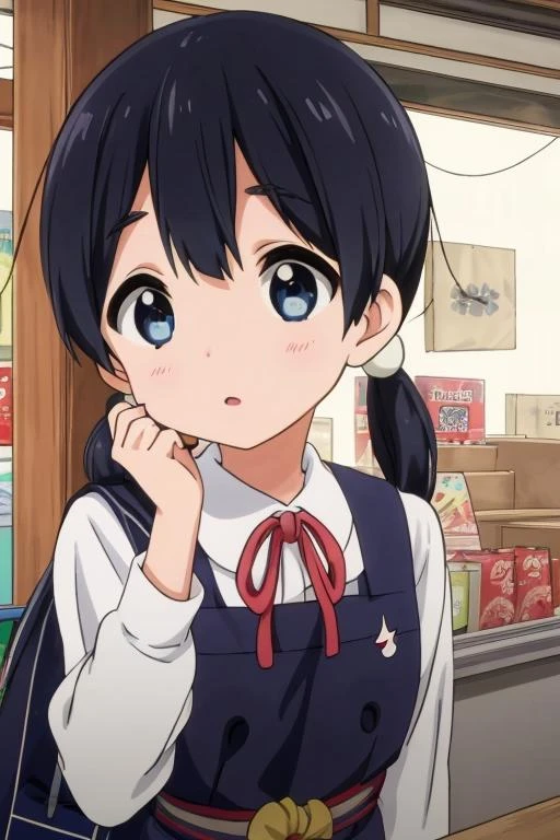 (masterpiece, best quality),<lora:GoodHands-vanilla:0.7> <lora:anmnr01:0.3> <lora:add_detail:0.5>, <lora:tamako:0.7>,tamako market anime lineart, 1girl, tamako kitashirakawa, blue eyes, black hair, hair between eyes, twin tails, bands, blue school uniform, dark blue pinafore dress with four black buttons, white shirt, thin red bow, wide straps on shoulders, belt on waist,Rest your cheek on shopping counter,old japanese store