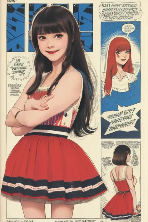 comic 1 girl, long hair, bangs, looking at viewer,  dress, medium shot, upper body . graphic illustration, comic art, graphic novel art, vibrant, highly detailed