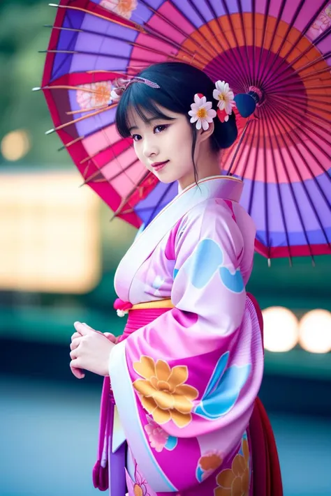 woman, (wearing colorful kimono_clothes:1.3), holding umbrella, good hand,4k, high-res, masterpiece, best quality, head:1.3,((Hasselblad photography)), finely detailed skin, sharp focus, (cinematic lighting), night, soft lighting, dynamic angle, [:(detailed face:1.2):0.2], medium breasts, outside,