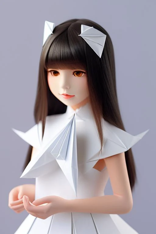 origami style 1 girl, long hair, bangs, looking at viewer,  dress, medium shot, upper body . paper art, pleated paper, folded, origami art, pleats, cut and fold, centered composition