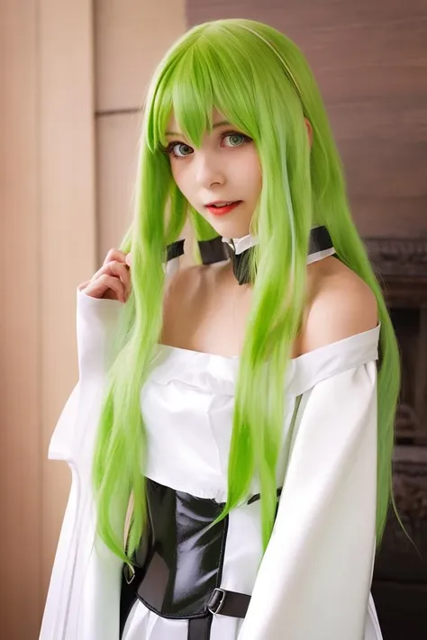 1girl,, bangs,  c.c., cosplay,  green hair, long hair, long sleeves, photo inset, realistic, solo, straitjacket, strapless