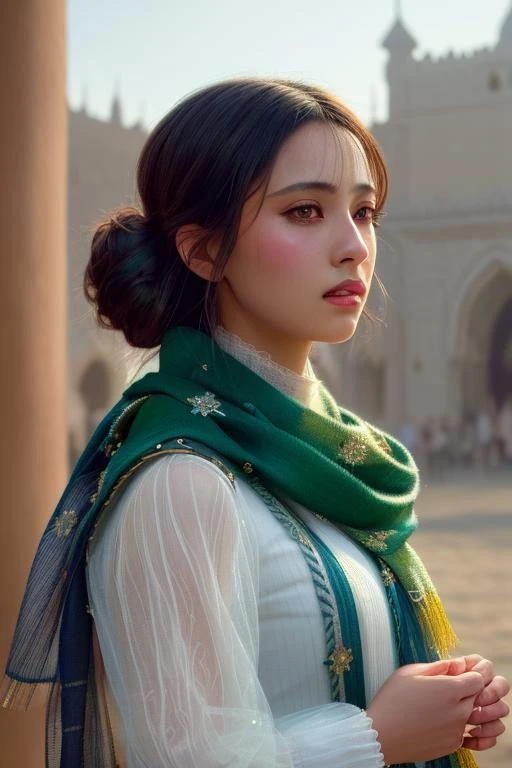 (extremely detailed CG unity 8k wallpaper), full shot body photo of the most beautiful artwork in the world, arab girl in bazar, green vale, see-through scarf, diamonds, medieval architecture, professional majestic oil painting by Ed Blinkey, Atey Ghailan, Studio Ghibli, by Jeremy Mann, Greg Manchess, Antonio Moro, trending on ArtStation, trending on CGSociety, Intricate, High Detail, Sharp focus, dramatic, photorealistic painting art by midjourney and greg rutkowski