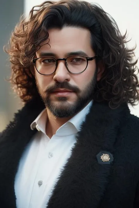 a handsome man with curly hair,  black coat, glasses, beard, trending on ArtStation, trending on CGSociety, Intricate, High Detail, Sharp focus, dramatic, photorealistic painting art by midjourney and greg rutkowski