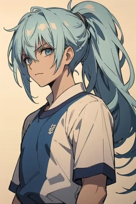 masterpiece, best quality, high quality, 1boy, solo, male focus, looking at viewer, upper body, <lora:seisyun_ri:0.56>, seisyun_ri, blue hair, long hair, ponytail, blue eyes, gym uniform