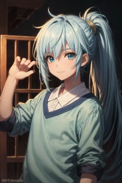 masterpiece, best quality, high quality, 1boy, solo, male focus, looking at viewer, upper body, <lora:seisyun_ri:0.66>, seisyun_ri, blue hair, long hair, ponytail, blue eyes, shirt