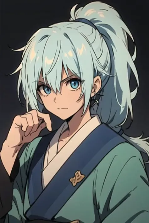 masterpiece, best quality, high quality, 1boy, solo, male focus, looking at viewer, upper body, <lora:seisyun_ri:0.66>, seisyun_ri, blue hair, long hair, ponytail, blue eyes,