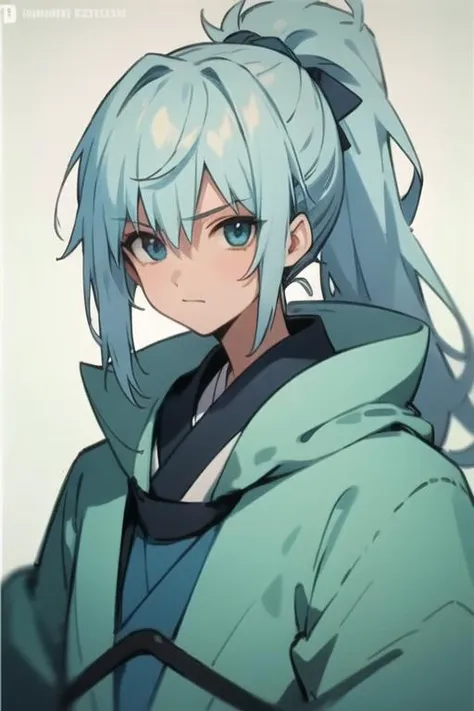 masterpiece, best quality, high quality, 1boy, solo, male focus, looking at viewer, upper body, <lora:seisyun_ri:0.62>, seisyun_ri, blue hair, long hair, ponytail, blue eyes, coat