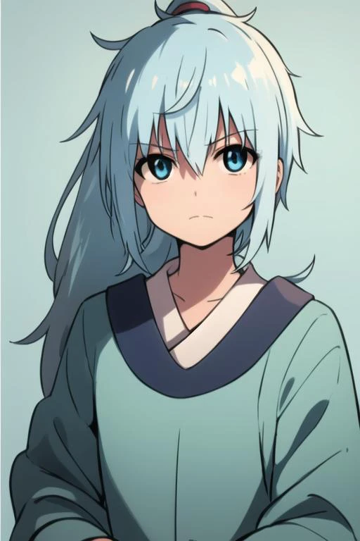 masterpiece, best quality, high quality, 1boy, solo, male focus, looking at viewer, upper body, <lora:seisyun_ri:0.78>, seisyun_ri, blue hair, long hair, ponytail, blue eyes, pajamas