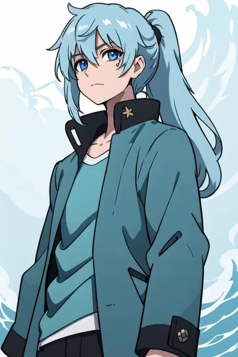 masterpiece, best quality, high quality, 1boy, solo, male focus, looking at viewer, upper body, <lora:seisyun_ri:0.68>, seisyun_ri, blue hair, long hair, ponytail, blue eyes, gakuran