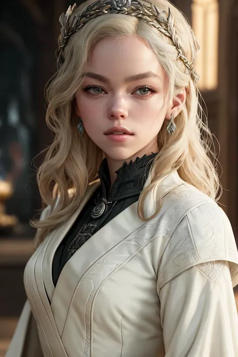 photo of (m4lc0ck-130), a woman as a (sexy Targaryen) in (Game of Thrones:1.2), (wearing a long sleeve white robe:1.1), (black dragon in background:1.1), modelshoot style, (extremely detailed CG unity 8k wallpaper), photo of the most beautiful artwork in the world, professional majestic oil painting by Ed Blinkey, Atey Ghailan, Studio Ghibli, by Jeremy Mann, Greg Manchess, Antonio Moro, trending on ArtStation, trending on CGSociety, Intricate, High Detail, Sharp focus, dramatic, photorealistic painting art by midjourney and greg rutkowski, (elegant royal attire:1.2), ((vivid atmosphere)), (looking at viewer:1.2), (detailed pupils:1.3), ((closeup portrait:1.1))