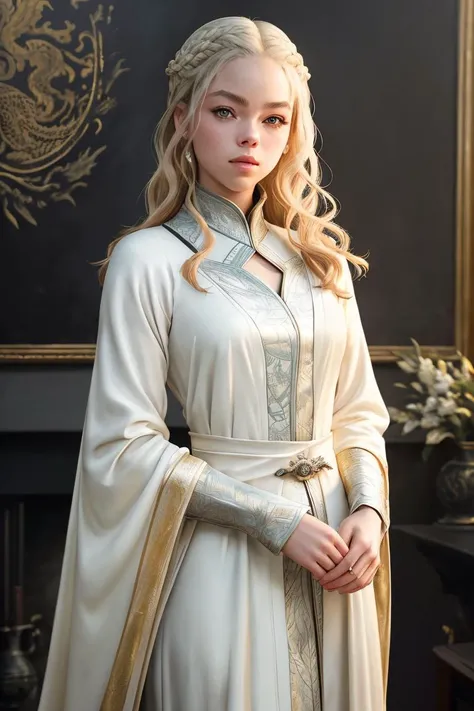 photo of (m4lc0ck-130), a woman as a (sexy Targaryen) in (Game of Thrones:1.2), (wearing a long sleeve white robe:1.1), (black dragon in background:1.1), modelshoot style, (extremely detailed CG unity 8k wallpaper), photo of the most beautiful artwork in the world, professional majestic oil painting by Ed Blinkey, Atey Ghailan, Studio Ghibli, by Jeremy Mann, Greg Manchess, Antonio Moro, trending on ArtStation, trending on CGSociety, Intricate, High Detail, Sharp focus, dramatic, photorealistic painting art by midjourney and greg rutkowski, (elegant royal attire:1.2), ((vivid atmosphere)), (looking at viewer:1.2), (detailed pupils:1.3), ((closeup portrait:1.1))