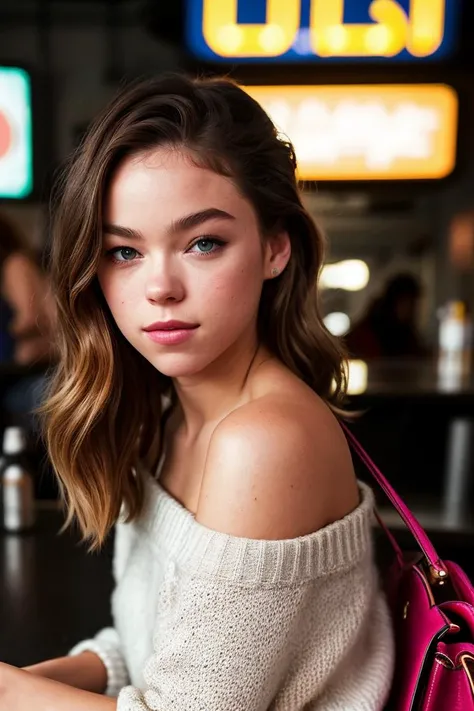 photo of seductive (m4lc0ck-130:0.99), a woman as a sexy student, closeup portrait, (sweater off-shoulder with a strap), at an (80s style) cantina sitting bar, (masterpiece realistic photography:1.2) (bokeh) (best quality) (detailed skin texture pores hairs:1.1) (intricate) (8k) (HDR) (wallpaper) (cinematic lighting) (sharp focus), eyeliner, painted lips, (vivid atmosphere), (holding a handbag over her shoulder:1.2)